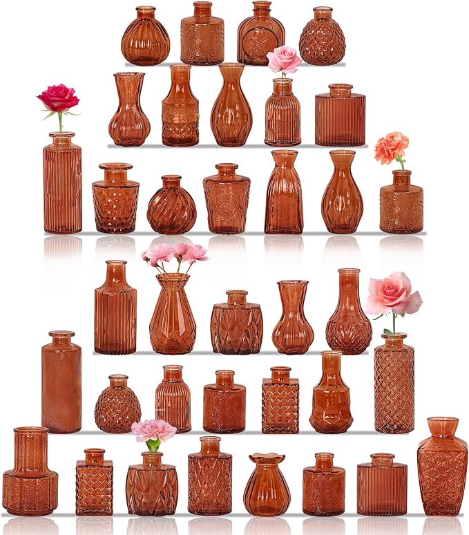 36Pcs Bud Vases Set Small Vintage Glass Bottles Bud Vases in Bulk Multiple Shape Cute Glass Vases for Rustic Wedding Centerpieces Table Decorations and Home Decor (Dark Amber)