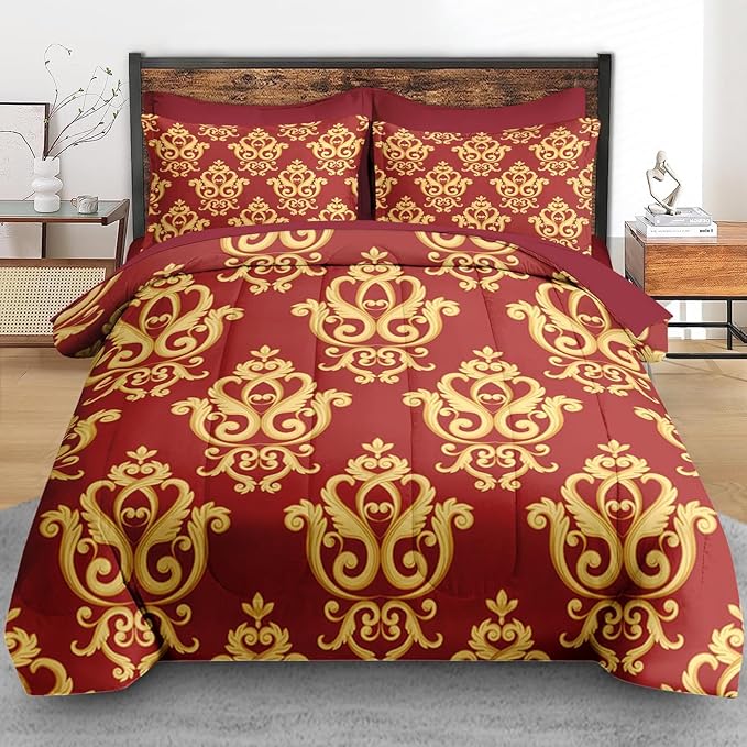 Pamnest Comforter Set Full Size, Vintage Floral Gold 7 Pcs Bedding for Kids and Adults, Medieval Burgundy Red Bed Sheet Sets with Fitted Sheet 2 Pillowcase & 2 Sham for Bedroom Bed Decor