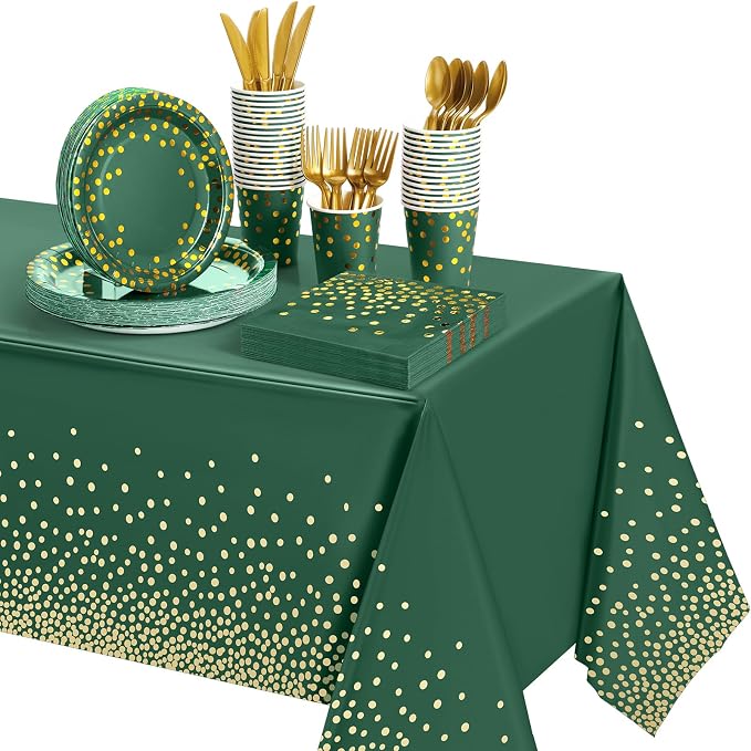 Tegeme 256 Pcs Dark Green and Gold Dot Party Supplies Paper Plates Napkin Tablecloth Set Disposable Cup Fork Knives Spoon Serve 36 Dinnerware for Birthday Wedding Aniversary Baby Shower Decoration