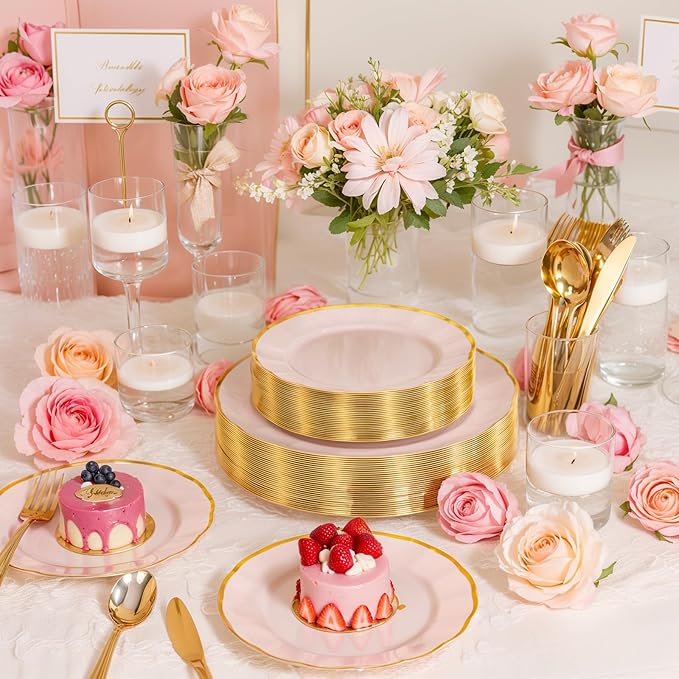 ejonirinjonir EI 150pcs Pink Plastic Plates with Gold Plastic Silverware,Pink Party Plates,Heavy Duty Plate Disposable,Gold Dinnerware Set for Birthday, Afternoon Tea,Wedding,Valentine's Day