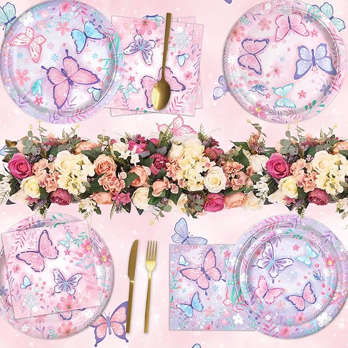Butterfly Birthday Decorations, Girls Birthday Supplies - Plates, Napkins, Cups, Cutlery, Cake & Cupcake Toppers, Banner, Hanging Swirls, Tablecloth, Balloons for Butterfly Party Decorations, Serve 20