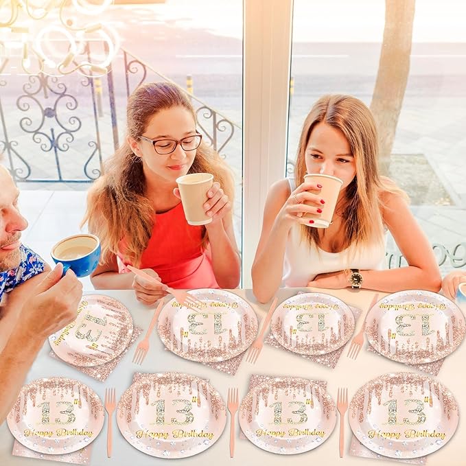 200 PCS Rose Gold 13th Birthday Party Plates Napkins Pink 13th Tableware Set for Happy 13 Years Old Birthday Decorations Dessert Plates Forks Serve 50 Guests for Girls 13 Years Old Party Supplies