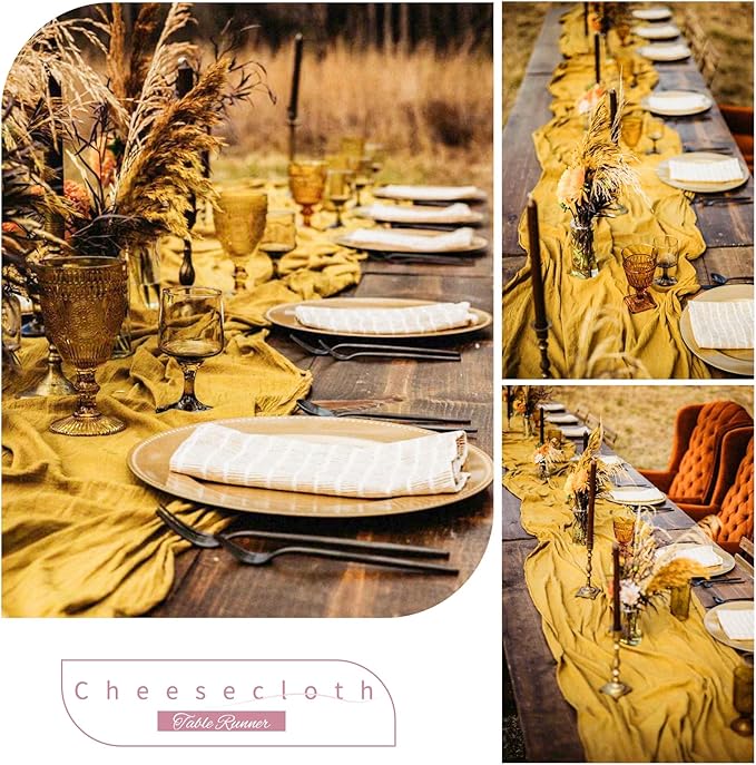 Showgeous 10 Pack Mustard Cheesecloth Table Runner Gauze Table Runner 10FT Long Semi-Sheer Table Runner Boho or Rustic Wedding Table Decor for Wedding Decor Arch Draping Bridal Shower Holiday Party
