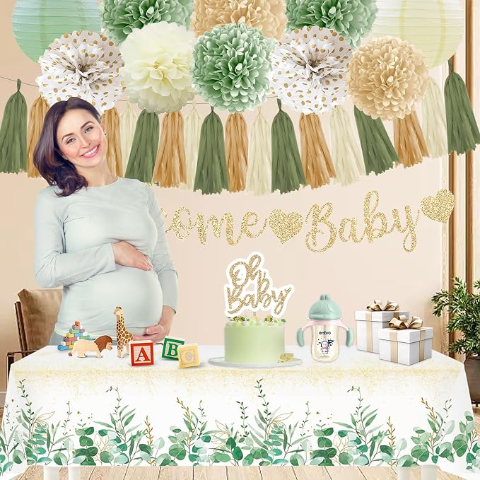 Sage Green Baby Shower Decorations Gender Neutral Baby Shower Decorations Welcome Baby Banner Sage Green Balloons Paper Lanterns Pom Poms Flowers Tablecloth Tassels Mom to Be Sash Dad to Be Pin