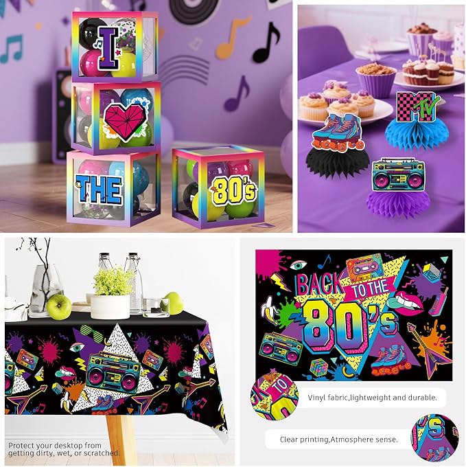 277pcs 80s Party Decorations Serves 25, All-in-one Set with Back To The 80's Backdrop Tableware Balloon Arch Tablecloth Balloon Box Cupcake Topper Table Decor, Etc. for 80s Party Decorations