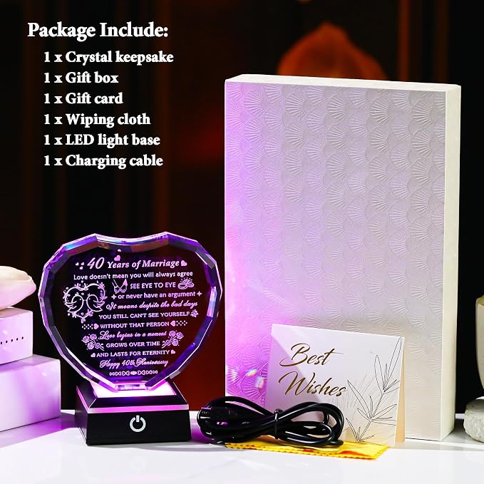 Arikyrist 40th Wedding Anniversary Crystal Heart Gifts for Couple Parents, Laser Engraved 40th Anniversary Decoration Gifts for Wife Husband, 40 Years of Marriage Gift for Him Her Friends