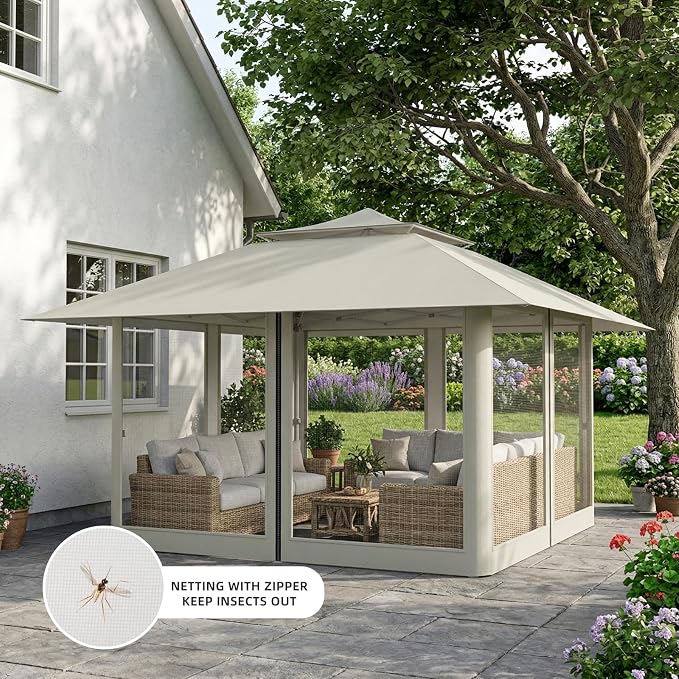 Pop Up Canopy Tent 13x13 FT with 4 Sidewall, Outdoor Easy Setup Gazebo with Wheeled Carry Bag, Heavy Duty Shelter with UV-Resistant Top, Portable Instant Shade for Garden Camping, Khaki