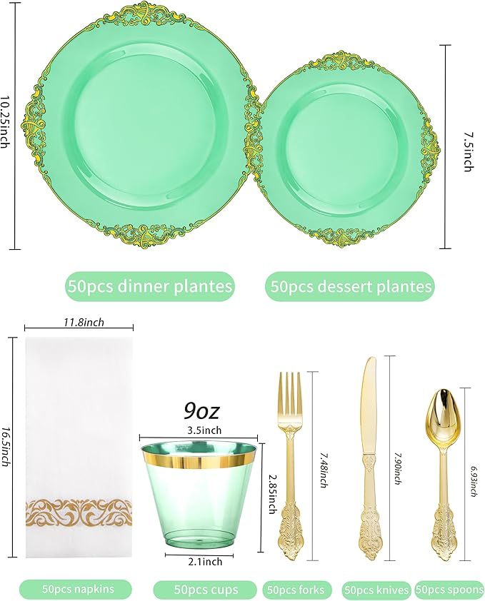 Hioasis 350pcs Green and Gold Plastic Plates - Green Party Plates for 50 Guest, Include 100 Heavy-duty Plates(20% Thicker Than Standard), 150 Cutlery Set, 50 Napkin, 50 Cups for St. Patrick's Day