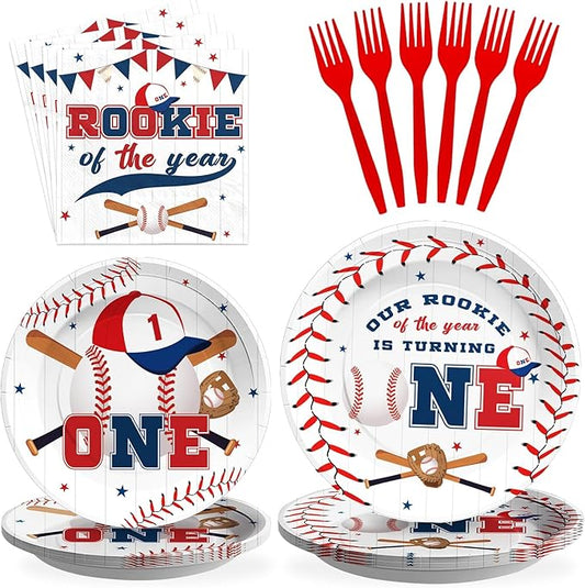 96PCS Baseball 1st Birthday Party Decorations Baseball Plates and Napkins Disposable Rookie of The Year 1st Birthday Tableware Set for Baby Boys One Year Old Party Supplies Serves 24
