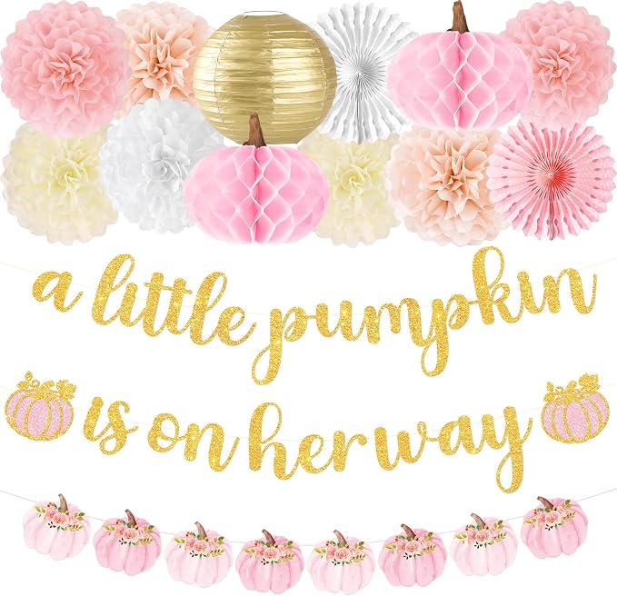 Kriyokiaa Little Pumpkin Baby Shower Decorations for Girl 15 Pcs Pink Fall Baby Shower Decorations with A Little Pumpkin is On Her Way Banner, Tissue Pom-Poms, Paper Lantern for It's a Girl Party