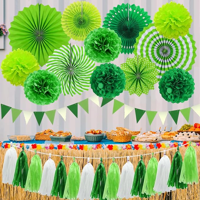 Green Party Decorations Set Birthday Paper Fan Tissue Pom Poms Streamers Theme Party Supplies Tassel Garland Banner Dinosaur Parties Arbor Day