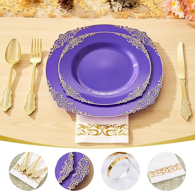 Fijinhom 350pcs Purple Plastic Plates, Elegant Disposable Dinnerware Set, 125 Pieces, White and Gold, Plates, Cups, Cutlery and Napkins (Purple, 50 Guests)