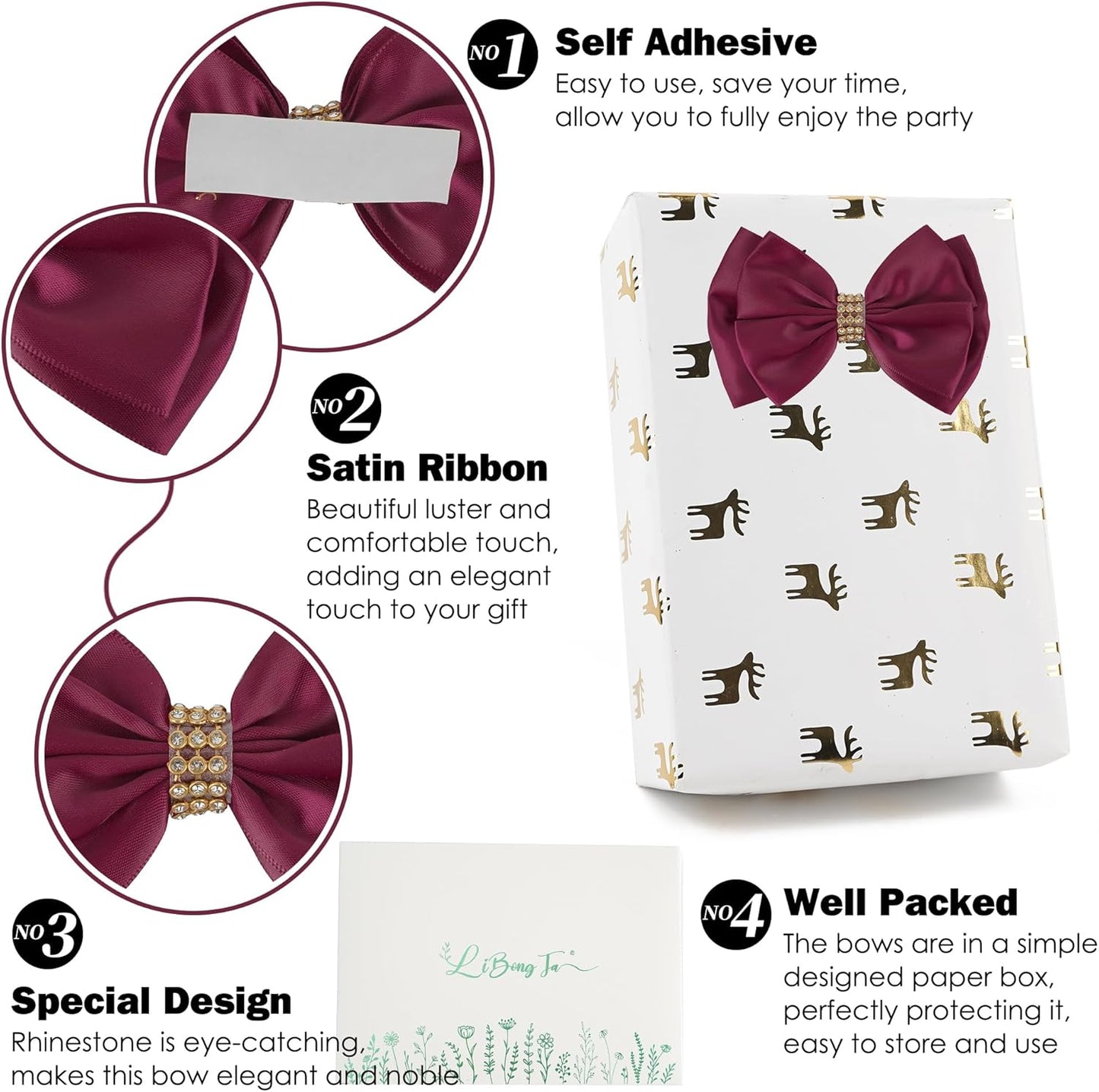 Dark Red Ribbon Bow 4'' Premade Satin Red Bows, Burgundy Gift Bows with Rhinestone, Wrapping Bows for Presents, Greeting Cards, Treat Bags, Valentines Bows for Gift Wrapping-12 Counts