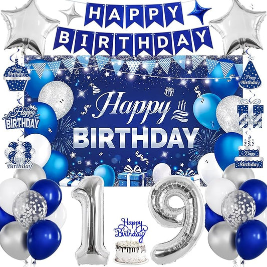 19th Birthday Decorations for Boys & Girls, Navy Blue and Silver Happy 19th Birthday Party Decorations with Number Balloons, Hanging Swirls, Cake Topper for 19 Years Old Party Supplies
