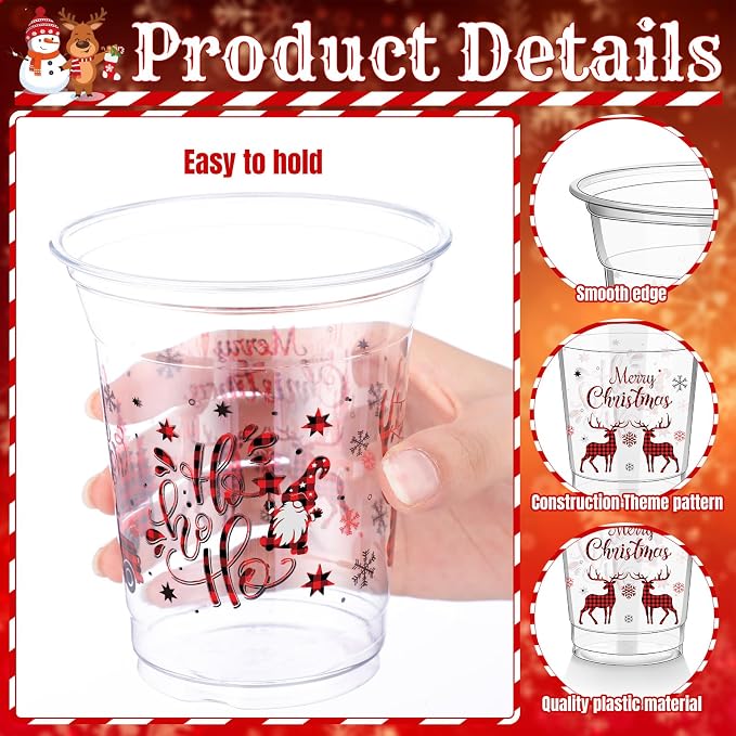 FoldTier 50 Pcs Merry Christmas Buffalo Plaid Plastic Cups - 12 oz Clear Disposable Drinking Cups for Home Xmas Theme Party Favors & Kitchen Supplies