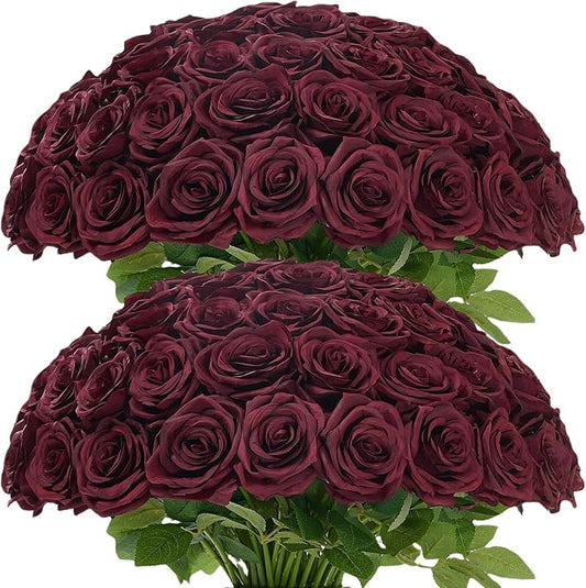 100pcs Burgundy Roses Artificial Flowers, Wine Red Artificial Flowers Bulk Realistic Silk Faux Roses with Stems for Wedding Table Centerpieces Bridal Bouquet DIY Floral Arrangement Event Party