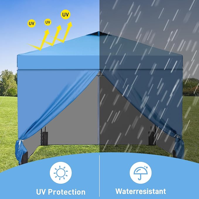 GDY 10x10 Pop Up Canopy Tent with 4 Sidewalls, Easy Set up, Outdoor Silver Coated Beach Gazebos, Carpas with 4 Sandbags, for Events, Parties,Camping,Blue.