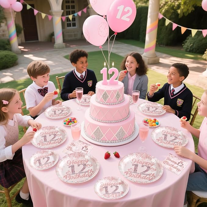 Grencian 12th Birthday Decorations Rose Gold 12th Birthday Plates and Napkins Disposable Rose Gold Official 12 Pre-Teen Paper Tableware Set for Girls 12 Year Old Graduation Party Supplies, Serves 24