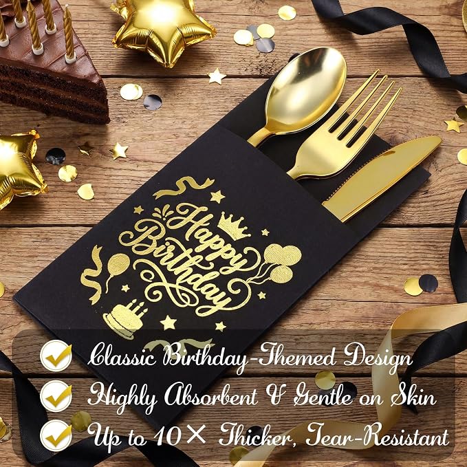 LemonRoad 50 Sets Happy Birthday Plastic Silverware Black and Gold Disposable Prefolded Cutlery Includes Forks Knives Spoons Linen Paper Napkin Tableware for 40th 50th 60th Birthday Party Decorations