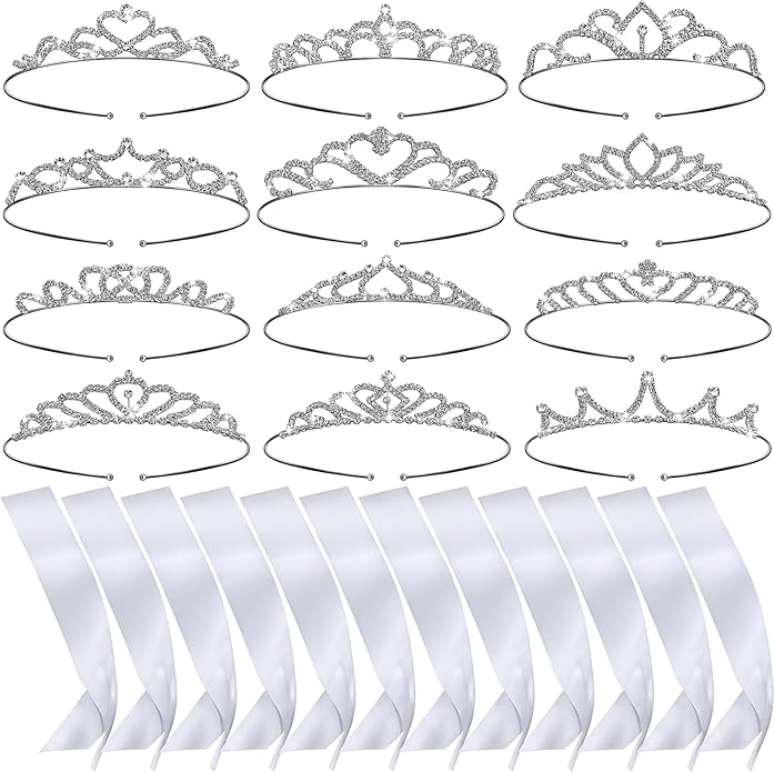 12 Set Crown and Sashes Set Blank Satin Sashes for Pageants Rhinestone Prom Queen Tiara Crown White Blank DIY for Birthday Holiday Wedding Bridal Shower Prom Party Supplies
