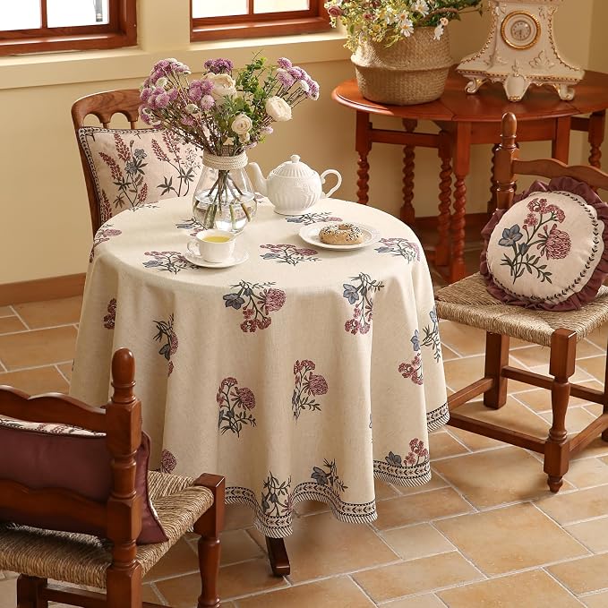 ISAENNE Designer French Linen Round Tablecloth,Diameter 55"-Helena E | Vintage Elegant Beautiful Table Cloth for Round Table,Floral Pattern,Heavyweight,Dining Room,Kitchen,Thanksgiving,Decor