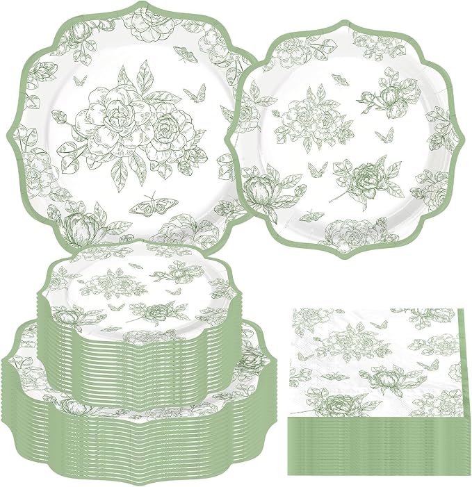 200Pcs Sage Green Party Decoration Green White Scalloped Plates and Napkins Vintage Floral Chinoiserie Disposable Tableware Set for Wedding Baby Shower Birthday Party Supplies Serves 50