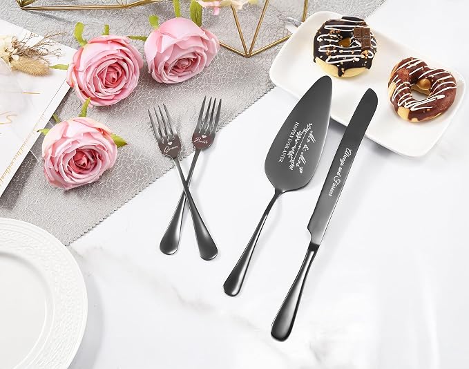 Wedding Cake Knife and Server Set, Black Cake Cutting Set for Wedding, 4 Pieces Set with Forks for Engagements, Anniversaries, Bride and Groom