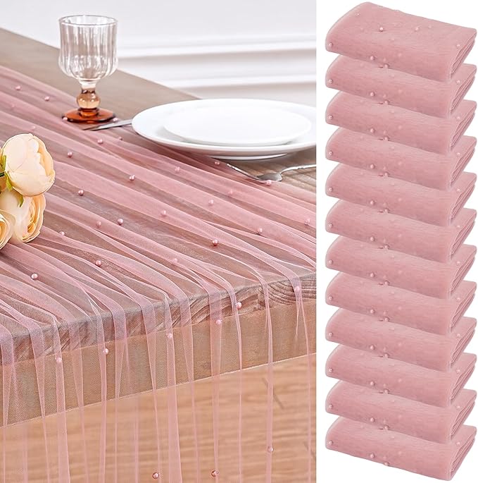 Pink Pearl Table Runner Wedding Decor: 10ft Pearl Table Runners 29x120 Inch 12-Packs Lace Chiffon Fabric for Baby Shower Decor Birthday Party Dining Table Indoor Outdoor (Dusty Pink)