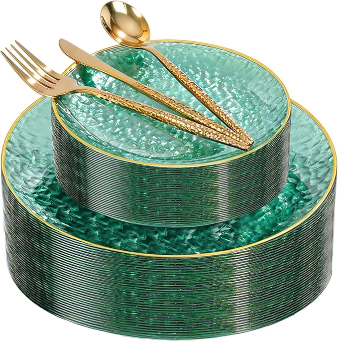 I00000 150Pcs Clear Green Plastic Plates with Gold Rim,Green Disposable Plates,Clear hammer patterned plates Set include 30 Dinner Plate,30 Dessert Plate,90 plastic Silverware Set for Party