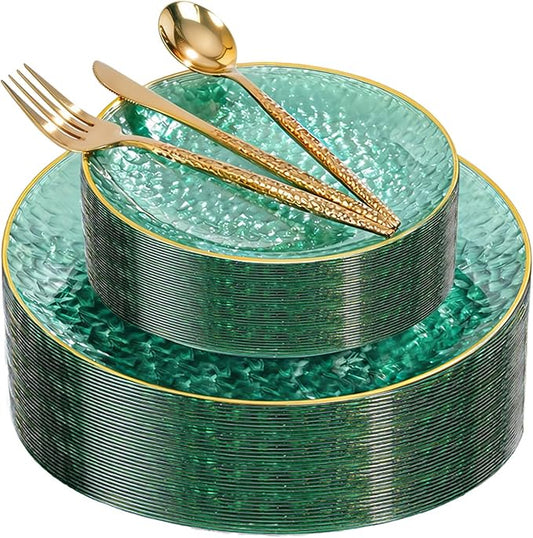 I00000 150Pcs Clear Green Plastic Plates with Gold Rim,Green Disposable Plates,Clear hammer patterned plates Set include 30 Dinner Plate,30 Dessert Plate,90 plastic Silverware Set for Party