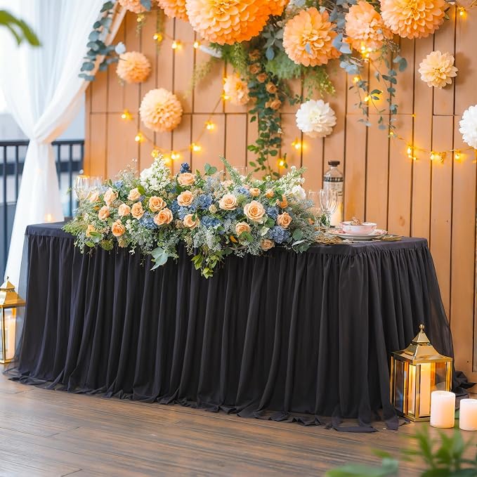Black Table Cloth Rectangle 6ft, Black Tulle Table Skirt Table Cover 6 Foot Rectangle Table Desk Skirt Birthday Party Wedding Banquet Tablecloth Buffet Fabric Elastic Stretch Fitted Ruffle Tablecloth