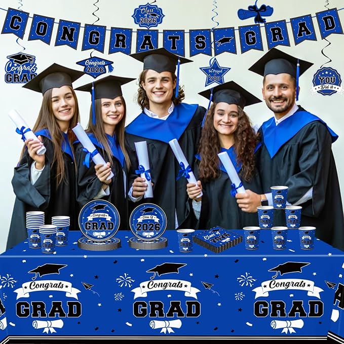 2026 Graduation Decorations for Party, Blue Plates Napkins Cups Tablecloth with Congrats Grad Hanging Decor for 25 Guests, Congratulations Disposable Party Supplies Favors for College & Middle School