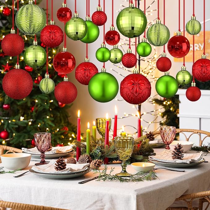 36 Pcs Christmas Balls Ornaments for Ceiling, 1.6'' 2.4'' 3.2'' Large Big Shatterproof Christmas Hanging Decorations Balls for Tree Xmas Holiday Party Indoor(Red, Emerald Green)