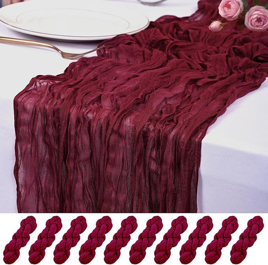 10 Pack Burgundy Cheesecloth Table Runner 17x108 Inch Semi Sheer Boho Rustic Gauze Cheese Cloth Table Runners for Wedding Party Birthday Baby Shower Home Décor