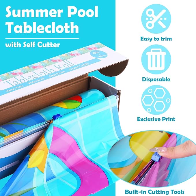 Kochorie 100 Ft x 54 Inch Swimming Pool Plastic Tablecloth Roll Pool Party Table Cover Roll with Cutter Box Summer Themed Ocean Backdrop for Summer Beach Pool Ocean Party Supplies