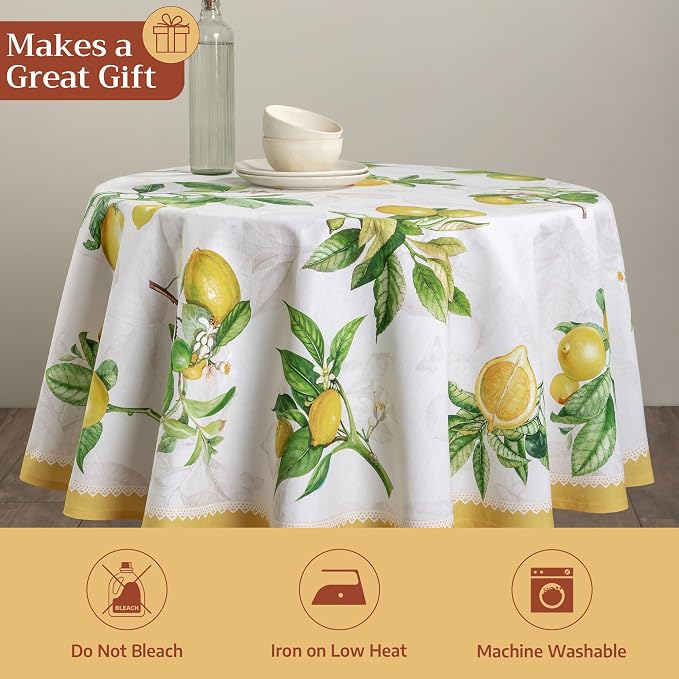 Maison d' Hermine Table Cloth Round Table 100% Cotton 69 Round Inches Tablecloth Reusable Decorative for Dining Kitchen Room Farmhouse Party Home Hotel Restaurant Spring Summer - Limoncello