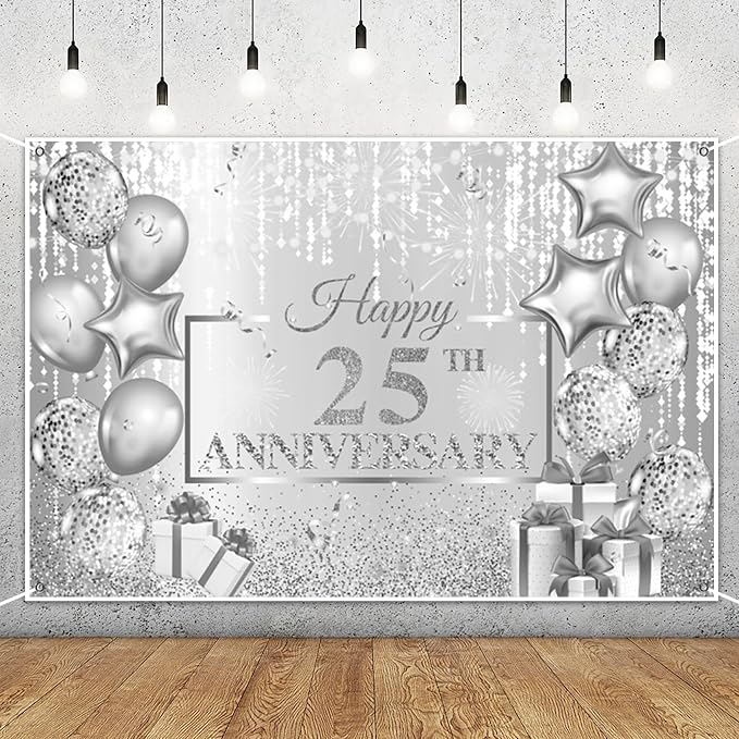 AOFOTO Happy 25th Anniversary Backdrop Glitter Grey Spots Ballons Printed Photography Background 25 Years Wedding Anniversary Party Home Wall Decor Supplies Banner Portrait Photo Studio Props 5x3ft