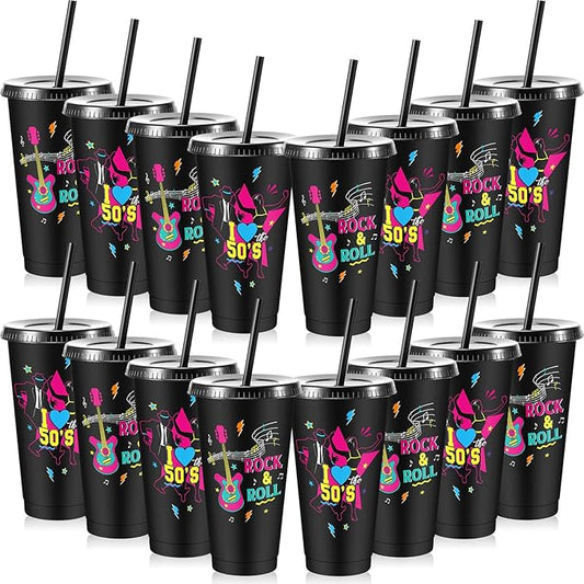 Uiifan 16 Pcs 50's Party Decorations 1950's Reusable Cups with Lids and Straws 24 oz Rock Sock Hop Supplies for 1950s Music Rocking Party Supplies