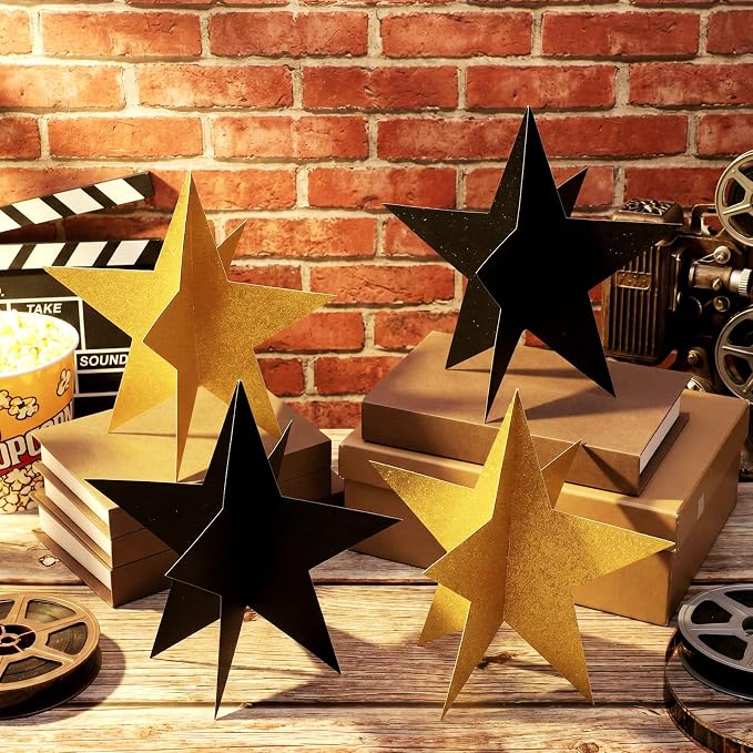 Sinload 18 Pcs Large 3D Glitter Star Decorations Back to School Work Black Gold Star Centerpiece Standing Hanging Decor for School Centerpiece Starry Movie Night Themed Party Decor