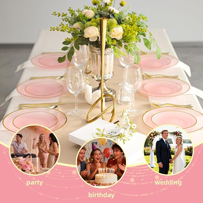 N9R 180PCS Pink Plastic Plates with Gold Trim, Disposable Party Dinnerware Set for 30 Guests, Include 30 Dinner & Salad Plates, Napkins, Forks, Spoons, Knives, Perfect for Wedding, Dinner Party