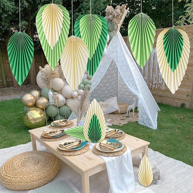 SUNBEAUTY Paper Fans Party Decorations Paper Leaves for Decoration Paper Fans Classroom Decoration Paper Fans Backdrop Decor Green Birthday Decorations,Set of 9