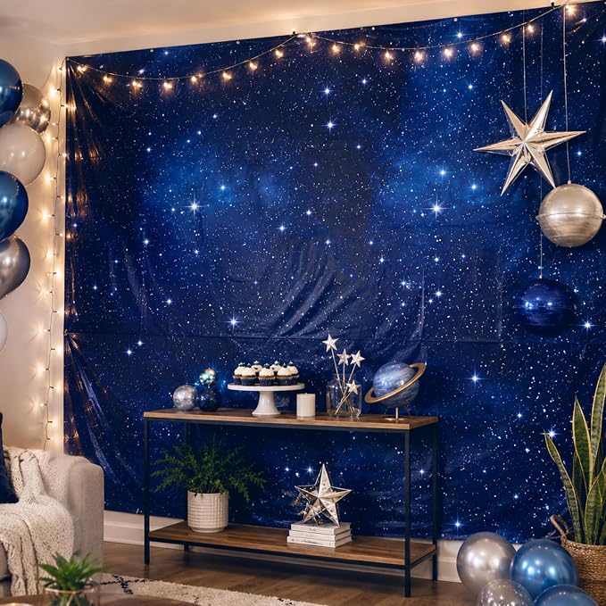 Hallswl 100ft x 54in Space Tablecloth Roll, Disposable Plastic Galaxy Table Cloth Blue Starry Sky Design Rectangle Table Covers for Kids Science Party, Birthday, Space Theme Party Decorations