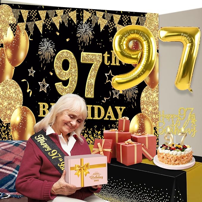 97th Birthday Decorations Men Women with 97th Birthday Banner, Black and Gold Table Cloth, Number Balloons, Large Sash, Cake Topper and Candles