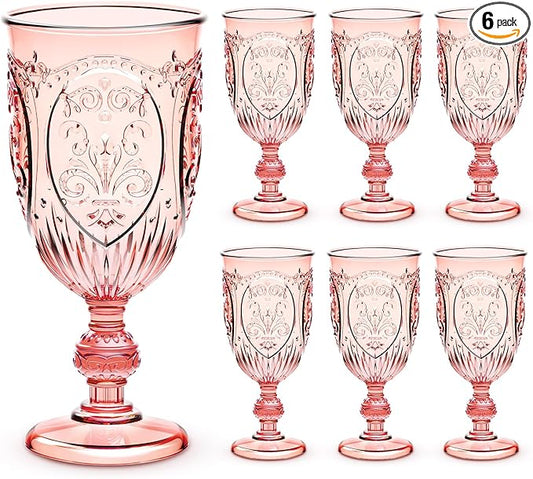 Wiwiqing 6 Pcs Plastic Goblets 7.5oz Vintage Goblet Plastic Wine Glasses Colored Retro Embossed Water Goblets for Wine Bar Juice Baby Shower Wedding Reception Grand Event Party (Pink)