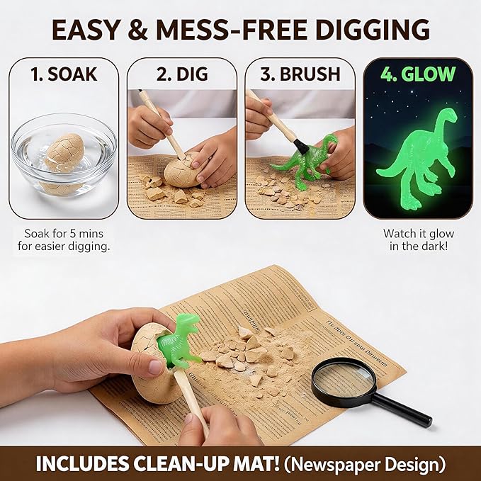 24 Glow in The Dark Dinosaur Eggs, Dig Kit Toys for Kids, Dinosaur Eggs Excavation Kit with Magnifier, Easter Basket Stuffers, STEM Party Favor Gifts for Boys Girls Age 3 4 5 6 7 8 9 10 + Years Old