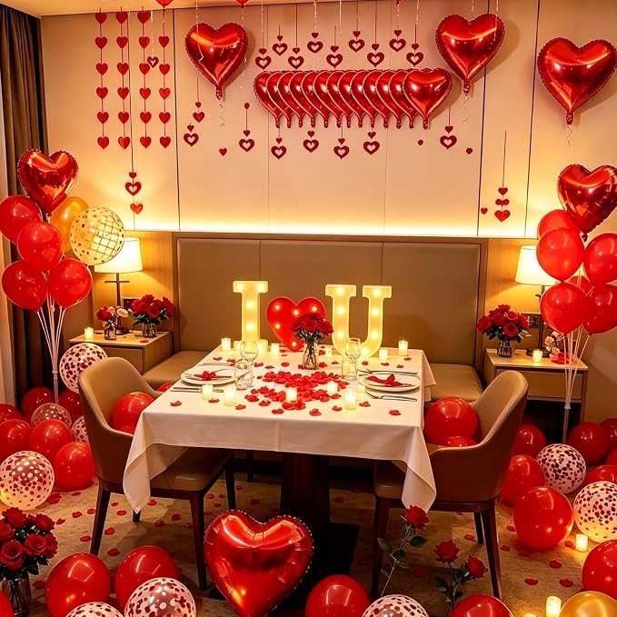 I LOVE YOU Light Up Letter Sign Decor 2 Set Red I LOVE YOU Balloons - 3100pcs Red Artificial Rose Petals 48pcs Flameless LED Candle Tealight Heart Foil Latex balloons Hanging Swirls Valentine's Day