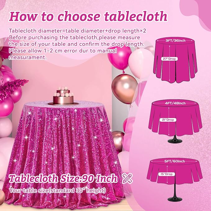 B-COOL Round Sequin Tablecloth Fuchsia Party Decorations: 90 Inch Table Cloth Hot Pink Sequin Fabric Overlay for Indoor Outdoor Dining Parties Home