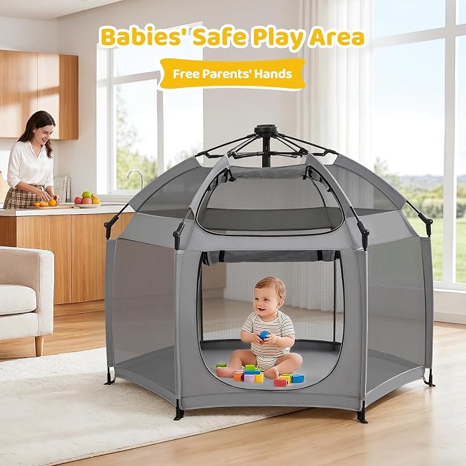 Dripex Pop Up Playpen w/t Built-in Pad & One-Click Safe Lock, Foldable Indoor/Outdoor Baby Playpen w/t Removable Canopy &Roll-Up Door & Top Mesh Window, Travel Pop and Go Beach Play Pen for Baby Grey