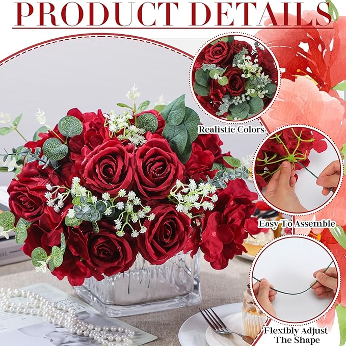 Suncalla 310 Pcs Baby's Breath Artificial Rose Bulk DIY Bouquet Bulk Hydrangea Artificial Flowers Wedding Bouquets Floral Arrangement for Wedding Centerpieces Decor(Wine Red)
