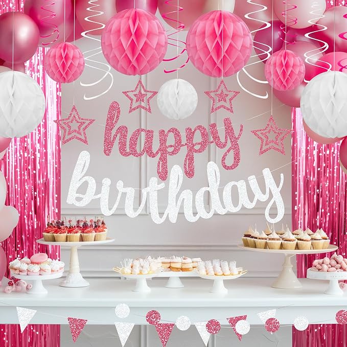 Pink Birthday Party Decorations Set - Pink and White Happy Birthday Banner Balloons Foil Curtains Hanging Swirls for Girls Birthday Party Supplies